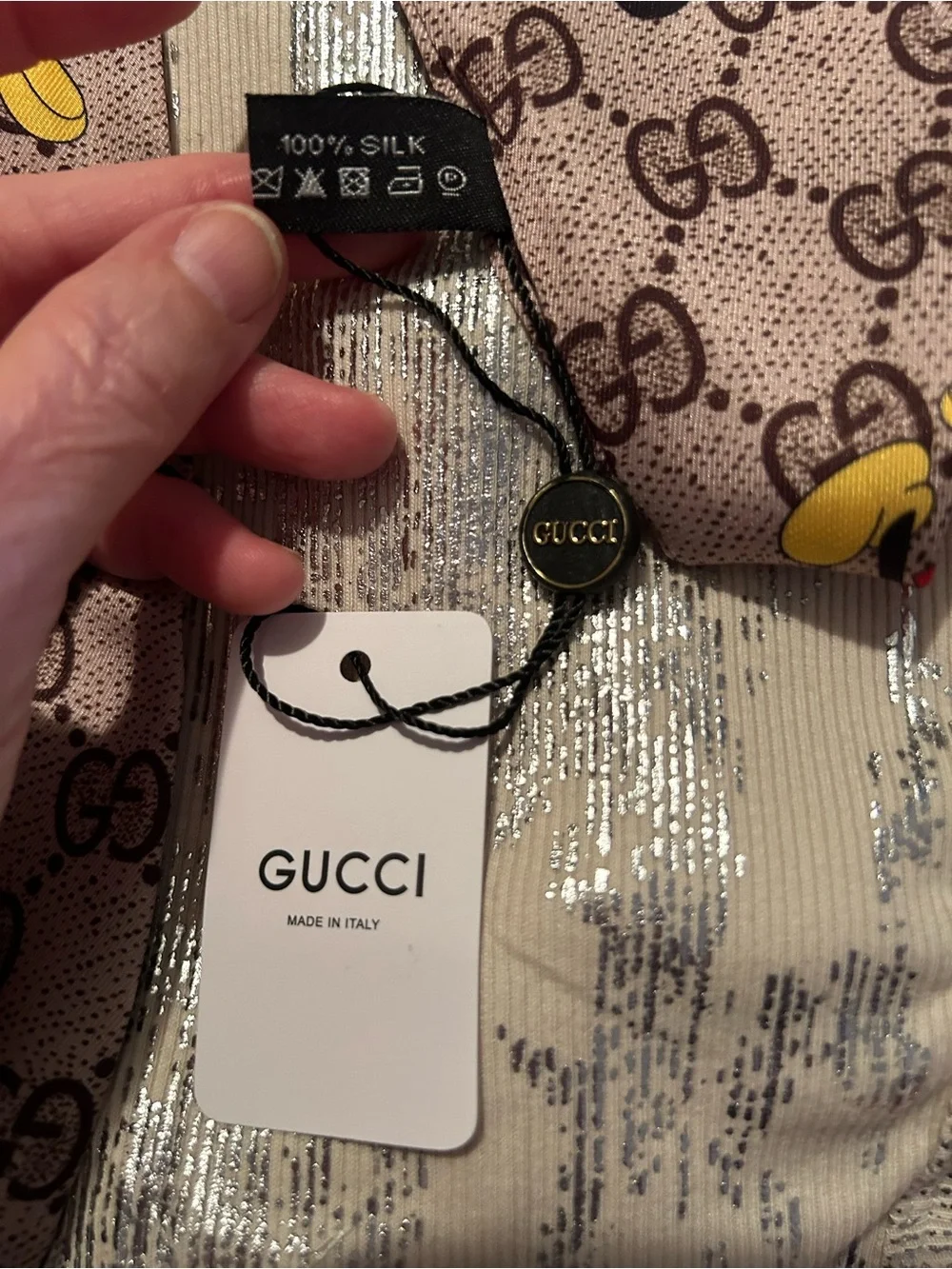 Gucci Beige Brown GG Mickey 100% Silk Twilly Scarf with Red Yellow Accents